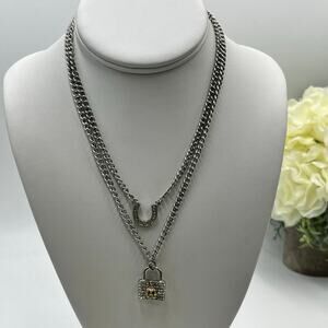 Juicy Couture Silver Tone Horseshoe Pave Padlock Charm Double Strand Necklace
